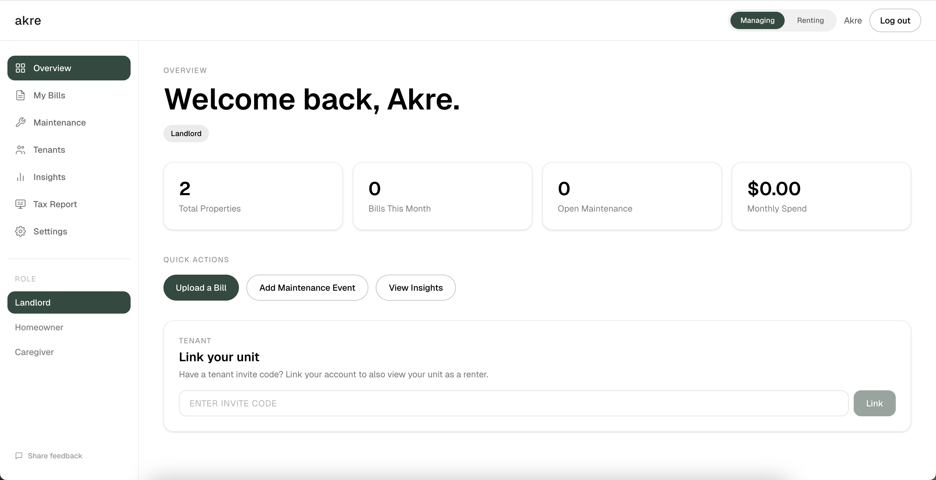 Akre dashboard overview